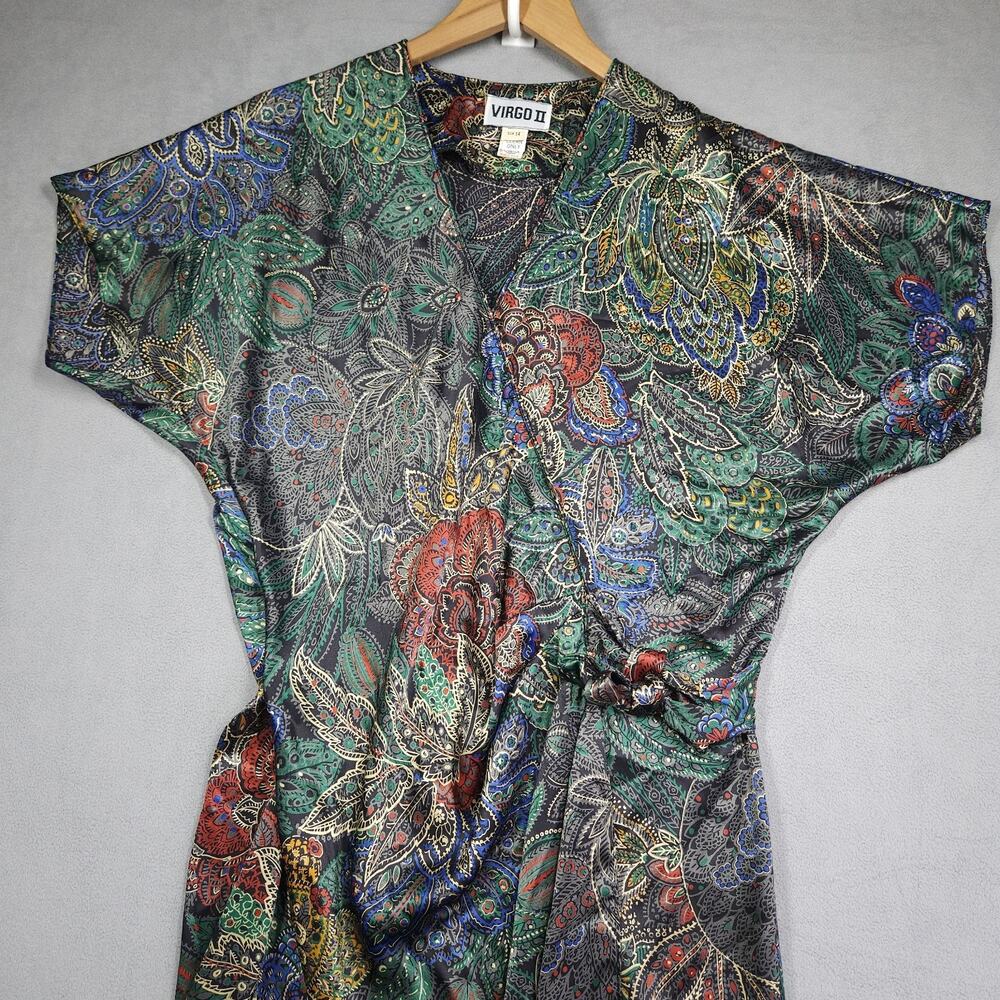 Vintage VIRGO II Wrap Dress Womens 14 Floral Print Metallic Sheen Midi Artsy USA - Picture 2 of 16